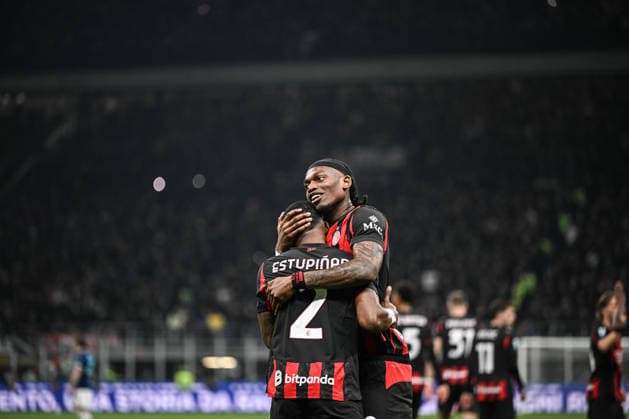 Pervis Estupinan and Rafael Leao of AC MIlan celebrating after a goal during the Italian Serie A football match between AC Milan and Inter FC Internazionale on 8 March 2026 at Giuseppe Meazza San Siro Siro stadium in Milan, Italy  Copyright: xTizianoxBallabio IPAxSportx xipa-agency.netx xx IPA_72590306 IPA_Agency_IPA72590306