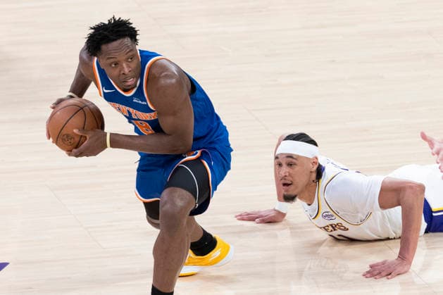 March 8, 2026, Los Angeles, California, USA: Los Angeles LakersÃ¢â‚¬â ¢ Jaxson Hayes (11) falls behind New York KnicksÃ¢â‚¬â ¢ OG Anunoby (8) during an NBA, Basketball Herren, USA basketball game at Crypto.com Arena on Sunday, March 8, 2026 in Los Angeles. NBA 2026: Knicks Vs Lakers  - ZUMAc68_ 20260308_zaf_c68_029 Copyright: xRingoxChiux