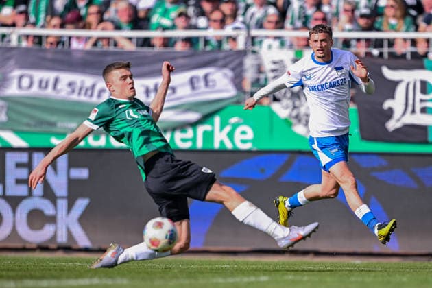 08 03 2026, Soccer, 2 Bundesliga, 25 Matchday Season 2025 2026, Preußen Münster Hertha BSC, Goal chance Michaël Cuisance Hertha BSC , Jano ter Horst Preußen Münster xRHR PHOTO TKx Copyright: RHR-FOTOx RHR-FOTO TK
