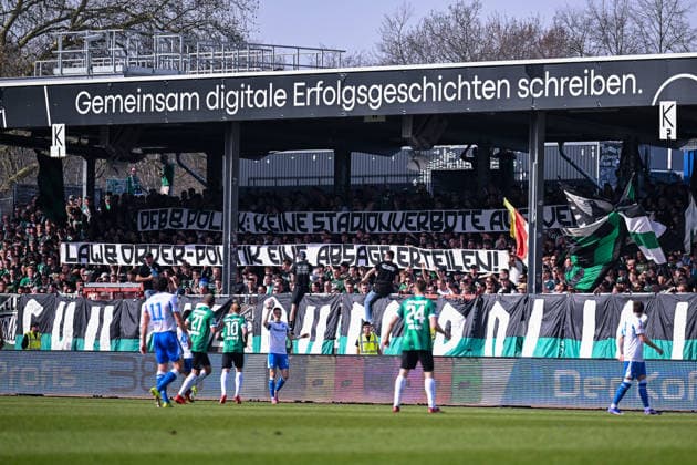 08 03 2026, Football, 2 Bundesliga, 25 Matchday Season 2025 2026, Preußen Münster Hertha BSC, Preußen Münster fans protest against DFB and politics, xRHR PHOTO TKx Copyright: RHR-FOTOx RHR-FOTO TK