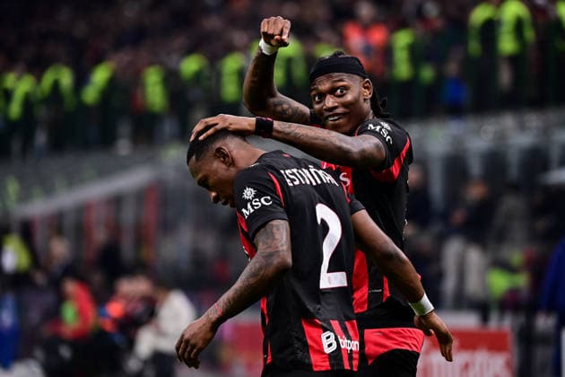 AC Milan v Inter Milan - Serie A MILAN, ITALY - MARCH 8: Pervis Estupinan of AC Milan celebrates with Rafael Leao of AC Milan after scoring his team first goal during the Italian Serie A football match AC Milan vs Inter Milan at San Siro Stadium in Milan, Italy on March 8, 2026 Piero Cruciatti Anadolu Milan Italy. Editorial use only. Please get in touch for any other usage.  Copyright: x2026xAnadoluxPieroxCruciattix