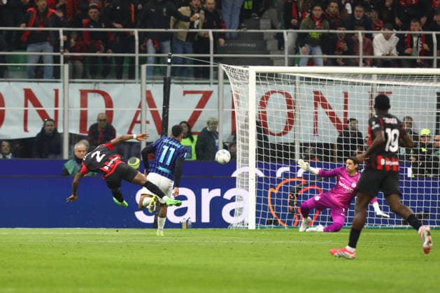 March 8, 2026, Milan, Lombary, Italy: PERVIS ESTUPINAN 2 of AC Milan shoots and scores his side s first goal on Matchday 28 of 38 of the Serie A 2025 26 between AC MILAN and INTER FC at the San Siro Stadium in Milan, Italy. Soccer 2026: Milan:Inter  - ZUMAc179 20260308_zep_c179_009 Copyright: xMickaelxChavetx