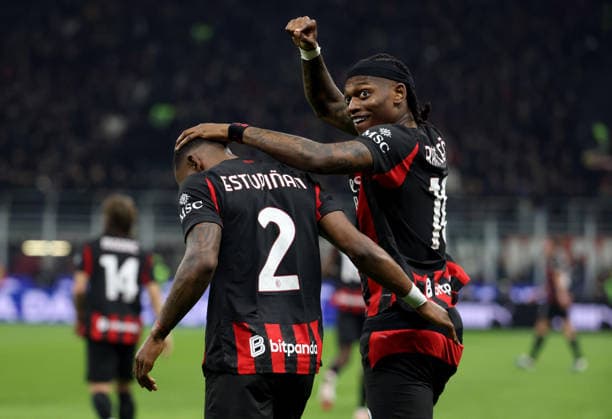March 8, 2026, Milan, MILAN: Ac Milan s Pervis Estupinan (L) jubilates with his teammate Rafael Leao after scoring goal of 1 to 0 during the Italian serie A soccer match between Milan and Inter at Giuseppe Meazza stadium in Milan, 8 March 2026..ANSA MATTEO BAZZI. Serie A: Milan-Inter  - ZUMAa110 20260308_zaf_a110_075 Copyright: xMatteoxBazzix