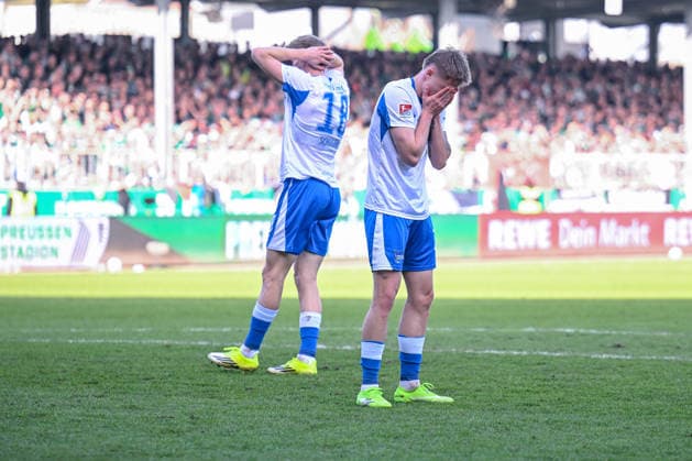 08 03 2026, Soccer, 2 Bundesliga, 25 Matchday Season 2025 2026, Preußen Münster Hertha BSC, Luca Schuler Hertha BSC , Jannis Heuer Preußen Münster xRHR PHOTO TKx Copyright: RHR-FOTOx RHR-FOTO TK