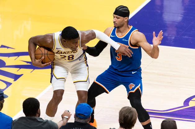 March 8, 2026, Los Angeles, California, USA: Los Angeles LakersÃ¢â‚¬â ¢ Rui Hachimura (28) is defended by New York KnicksÃ¢â‚¬â ¢ Josh Hart (3) during an NBA, Basketball Herren, USA basketball game at Crypto.com Arena on Sunday, March 8, 2026 in Los Angeles. NBA 2026: Knicks Vs Lakers  - ZUMAc68_ 20260308_zaf_c68_040 Copyright: xRingoxChiux