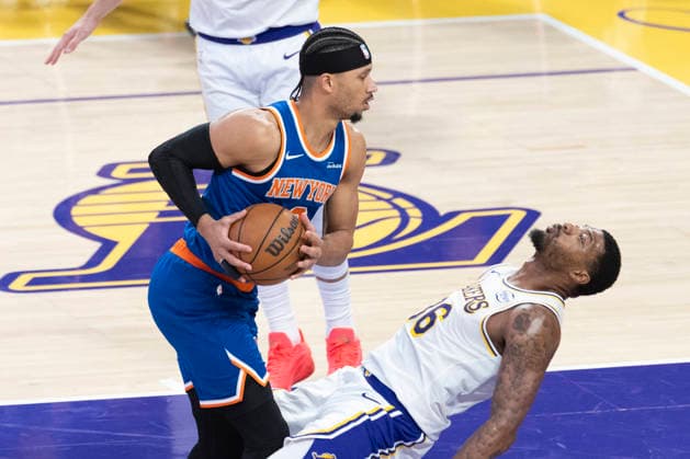March 8, 2026, Los Angeles, California, USA: New York KnicksÃ¢â‚¬â ¢ Josh Hart (3) drives against Los Angeles LakersÃ¢â‚¬â ¢ Marcus Smart (36) during an NBA, Basketball Herren, USA basketball game at Crypto.com Arena on Sunday, March 8, 2026 in Los Angeles. NBA 2026: Knicks Vs Lakers  - ZUMAc68_ 20260308_zaf_c68_042 Copyright: xRingoxChiux