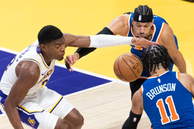 March 8, 2026, Los Angeles, California, USA: Los Angeles LakersÃ¢â‚¬â ¢ Rui Hachimura (28) vies for the rebound against New York KnicksÃ¢â‚¬â ¢ Jalen Brunson (11) and Josh Hart (3) during an NBA, Basketball Herren, USA basketball game at Crypto.com Arena on Sunday, March 8, 2026 in Los Angeles. NBA 2026: Knicks Vs Lakers  - ZUMAc68_ 20260308_zaf_c68_047 Copyright: xRingoxChiux