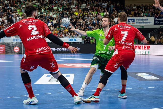 08 03 2026, xovx, Handball Daikin Handball Bundesliga, HSG Wetzlar MT Melsungen f l Ruben Marchan MT Melsungen , Dominik Mappes HSG Wetzlar , David Mandic MT Melsungen Wetzlar Buderus Arena Hessen Germany EN