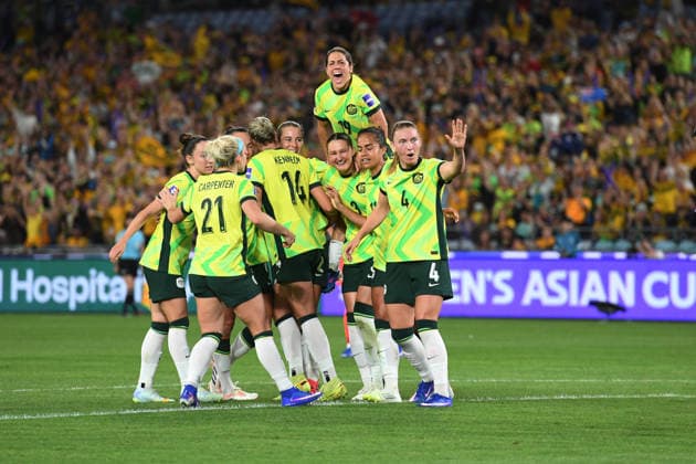March 8, 2026, Sydney, Nsw, Australia: Australia team celebrates after scoring a goal during AFC Womens Asian Cup 2026 at Stadium Australia on March 08 2026 in Sydney,Australia Korea Republic 3 - 3 Australia AFC WomenS Asian Cup Australia 2026  - ZUMAr188 20260308_zip_r188_004 Copyright: xDanishxRavix