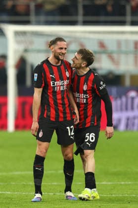 March 8, 2026, Milan, Lombary, Italy: ADRIEN RABIOT and ALEXIS SAELEMAEKERS of AC Milan celebrate winning Matchday 28 of 38 of the Serie A 2025 26 between AC MILAN and INTER FC at the San Siro Stadium in Milan, Italy. AC MILAN won the game 1:0. Soccer 2026: Milan 1:0 Inter  - ZUMAc179 20260308_zep_c179_051 Copyright: xMickaelxChavetx