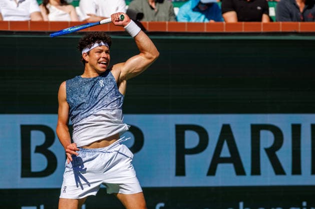 March 8, 2026: Ben Shelton (USA) in action against Learner Tien (USA) during their round 3 match at the BNP Paribas Open on March 7, 2026, held at the Indian Wells Tennis Garden in Indian Wells, California. Indian Wells USA - ZUMAc04_ 20260308_zma_c04_145 Copyright: xMalxTaamx