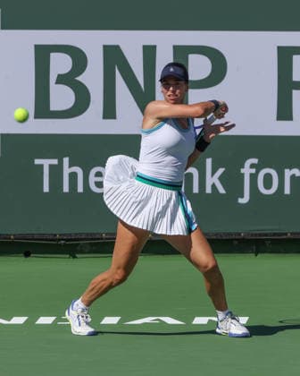INDIAN WELLS, CA - MARCH 08: Ajla Tomljanovic (AUS) hits a forehand during the BNP Paribas Open on March 8, 2026 at Indian Wells Tennis Garden in Indian Wells, CA. (Photo by George Walker Icon Sportswire) TENNIS: MAR 08 BNP Paribas Open EDITORIAL USE ONLY Icon260308132