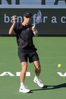 INDIAN WELLS, CA - MARCH 08: Denis Shapovalov (CAN) hits a forehand during the BNP Paribas Open on March 8, 2026 at Indian Wells Tennis Garden in Indian Wells, CA. (Photo by George Walker Icon Sportswire) TENNIS: MAR 08 BNP Paribas Open EDITORIAL USE ONLY Icon260308168