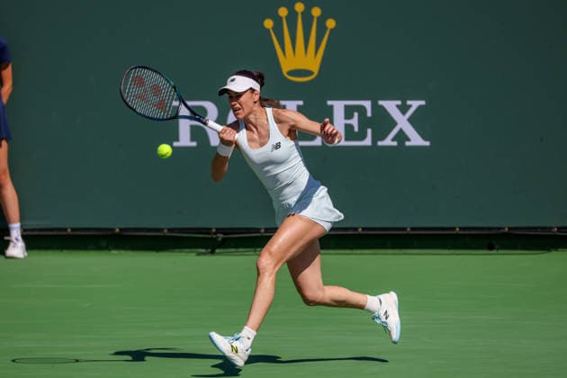 INDIAN WELLS, CA - MARCH 08: Sorana Cirstea (ROU) hits a forehand during the BNP Paribas Open on March 8, 2026 at Indian Wells Tennis Garden in Indian Wells, CA. (Photo by George Walker Icon Sportswire) TENNIS: MAR 08 BNP Paribas Open EDITORIAL USE ONLY Icon260308036