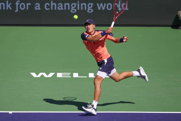 INDIAN WELLS, CA - MARCH 08: Brandon Nakashima (USA) hits a forehand during the BNP Paribas Open on March 8, 2026 at Indian Wells Tennis Garden in Indian Wells, CA. (Photo by George Walker Icon Sportswire) TENNIS: MAR 08 BNP Paribas Open EDITORIAL USE ONLY Icon260308045