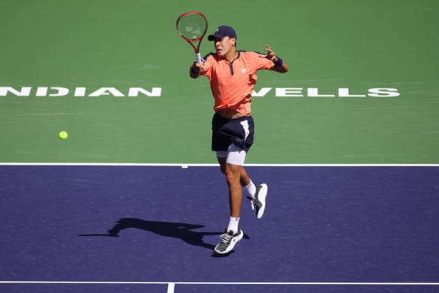 INDIAN WELLS, CA - MARCH 08: Brandon Nakashima (USA) hits a forehand during the BNP Paribas Open on March 8, 2026 at Indian Wells Tennis Garden in Indian Wells, CA. (Photo by George Walker Icon Sportswire) TENNIS: MAR 08 BNP Paribas Open EDITORIAL USE ONLY Icon260308054