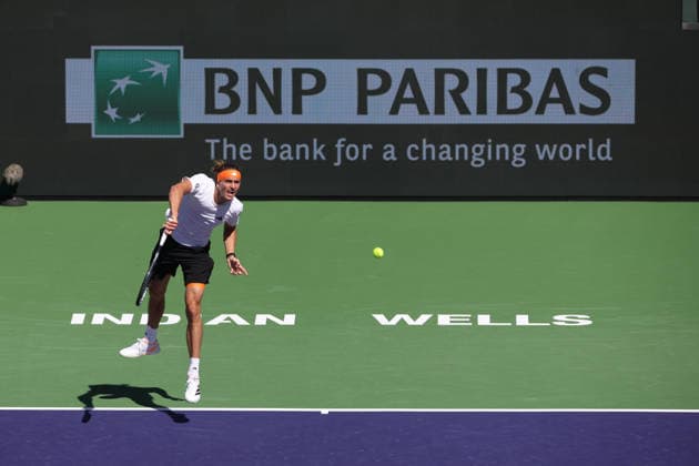 INDIAN WELLS, CA - MARCH 08: Alexander Zverev (GER) serves during the BNP Paribas Open on March 8, 2026 at Indian Wells Tennis Garden in Indian Wells, CA. (Photo by George Walker Icon Sportswire) TENNIS: MAR 08 BNP Paribas Open EDITORIAL USE ONLY Icon260308056