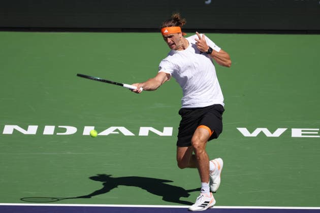 INDIAN WELLS, CA - MARCH 08: Alexander Zverev (GER) hits a forehand during the BNP Paribas Open on March 8, 2026 at Indian Wells Tennis Garden in Indian Wells, CA. (Photo by George Walker Icon Sportswire) TENNIS: MAR 08 BNP Paribas Open EDITORIAL USE ONLY Icon260308059