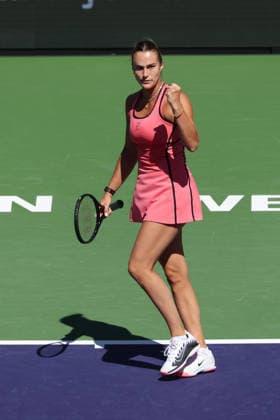 INDIAN WELLS, CA - MARCH 08: Aryna Sabalenka reacts to a point during the BNP Paribas Open on March 8, 2026 at Indian Wells Tennis Garden in Indian Wells, CA. (Photo by George Walker Icon Sportswire) TENNIS: MAR 08 BNP Paribas Open EDITORIAL USE ONLY Icon260308103
