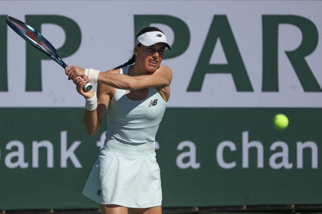 INDIAN WELLS, CA - MARCH 08: Sorana Cirstea (ROU) hits a backhand during the BNP Paribas Open on March 8, 2026 at Indian Wells Tennis Garden in Indian Wells, CA. (Photo by George Walker Icon Sportswire) TENNIS: MAR 08 BNP Paribas Open EDITORIAL USE ONLY Icon260308004