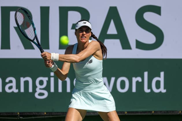 INDIAN WELLS, CA - MARCH 08: Sorana Cirstea (ROU) hits a backhand during the BNP Paribas Open on March 8, 2026 at Indian Wells Tennis Garden in Indian Wells, CA. (Photo by George Walker Icon Sportswire) TENNIS: MAR 08 BNP Paribas Open EDITORIAL USE ONLY Icon260308017