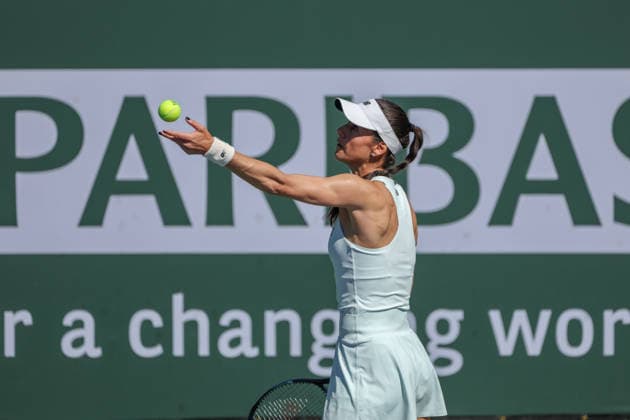 INDIAN WELLS, CA - MARCH 08: Sorana Cirstea (ROU) serves during the BNP Paribas Open on March 8, 2026 at Indian Wells Tennis Garden in Indian Wells, CA. (Photo by George Walker Icon Sportswire) TENNIS: MAR 08 BNP Paribas Open EDITORIAL USE ONLY Icon260308032
