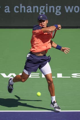 INDIAN WELLS, CA - MARCH 08: Brandon Nakashima (USA) hits a forehand during the BNP Paribas Open on March 8, 2026 at Indian Wells Tennis Garden in Indian Wells, CA. (Photo by George Walker Icon Sportswire) TENNIS: MAR 08 BNP Paribas Open EDITORIAL USE ONLY Icon260308051