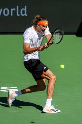 INDIAN WELLS, CA - MARCH 08: Alexander Zverev (GER) hits a backhand during the BNP Paribas Open on March 8, 2026 at Indian Wells Tennis Garden in Indian Wells, CA. (Photo by George Walker Icon Sportswire) TENNIS: MAR 08 BNP Paribas Open EDITORIAL USE ONLY Icon260308057