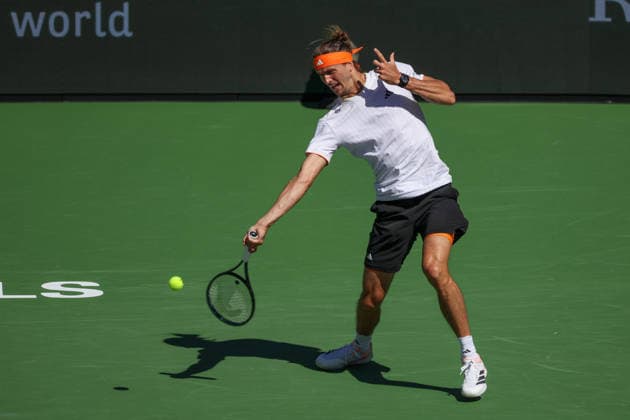 INDIAN WELLS, CA - MARCH 08: Alexander Zverev (GER) hits a forehand during the BNP Paribas Open on March 8, 2026 at Indian Wells Tennis Garden in Indian Wells, CA. (Photo by George Walker Icon Sportswire) TENNIS: MAR 08 BNP Paribas Open EDITORIAL USE ONLY Icon260308058