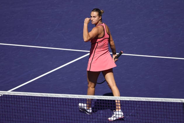 INDIAN WELLS, CA - MARCH 08: Aryna Sabalenka reacts to a point during the BNP Paribas Open on March 8, 2026 at Indian Wells Tennis Garden in Indian Wells, CA. (Photo by George Walker Icon Sportswire) TENNIS: MAR 08 BNP Paribas Open EDITORIAL USE ONLY Icon260308072