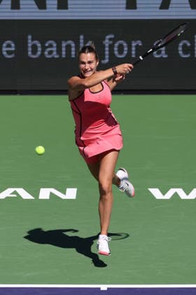 INDIAN WELLS, CA - MARCH 08: Aryna Sabalenka hits a forehand during the BNP Paribas Open on March 8, 2026 at Indian Wells Tennis Garden in Indian Wells, CA. (Photo by George Walker Icon Sportswire) TENNIS: MAR 08 BNP Paribas Open EDITORIAL USE ONLY Icon260308094