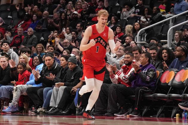 March 8, 2026, Toronto, On, CAN: Toronto Raptors Gradey Dick (1) celebrates scoring a three point shot during his team s 122-92 win over the Dallas Mavericks in NBA, Basketball Herren, USA basketball action in Toronto on Sunday, March 8, 2026. Gradey Dick  - ZUMAc35_ 20260308_zaf_c35_138 Copyright: xChrisxYoungx