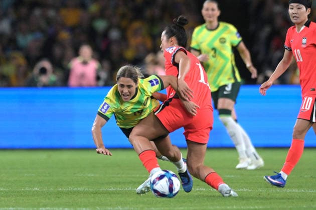 Australia Vs Republic of Korea in Sydney - 08 Mar 2026 Katrina Gorry (L) of Australia women football team and Choe Yu-Ri (R) of Republic of Korea women football team seen in action during the AFC Women s Asian Cup Group A match between Australia and Republic of Korea held at the Stadium Australia. Final score Australia 3:3 Republic of Korea. Sydney Australia Copyright: xLuisxVeniegrax xSOPAxImagesx 20260308_AFCWACup_LVeniegra3964