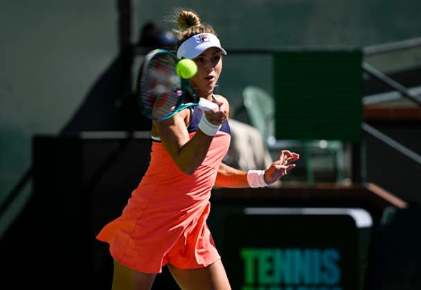 March 08, 2026 Jaqueline Cristian of Romania returns a shot against Aryna Sabalenka during their match at the BNP Paribas Open held at the Indian Wells Tennis Garden in Indian Wells, California. California. Mandatory Photo Credit : CSM Indian Wells United States of America - ZUMAc04_ 20260308_zma_c04_219 Copyright: xCharlesxBausx
