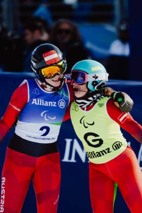 PARALYMPICS - Winter Paralympics Milano Cortina 2026 CORTINA D AMPEZZO,ITALY,09.MAR.26 - PARALYMPICS, ALPINE SKIING - Paralympic Winter games, Winterspiele,Spiele, Summer games Milano Cortina 2026, Super G, women. Image shows Veronika Aigner and guide Lilly Sammer (AUT).  GEPAxpictures xMatthiasxTrinkl