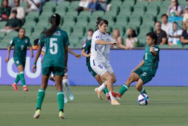 SOCCER ASIAN CUP BANGLADESH UZBEKISTAN, Ilvina Ablyakimova of Uzbekistan under pressure from Maria Manda of Bangladesh during the AFC Women™s Asian Cup Group B match between Bangladesh and Uzbekistan at HBF Park in Perth, Monday, March 9, 2026.( NO ARCHIVING, EDITORIAL USE ONLY PERTH WESTERN AUSTRALIA AUSTRALIA  Copyright: xRICHARDxWAINWRIGHTx 20260309168399605798