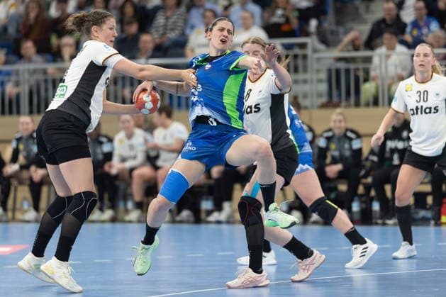 Germany Slovenia, European Womens Handball Qualification Ema Hrvatin Slovenia, 11 wins against Marie Steffen Germany, 14 , and Nina Engel Germany, 8 European Womens Handball Qualification match between Germany and Slovenia on March 8 at SNP dome Heidelberg , Heidelberg Baden Württemberg Germany SNP dome