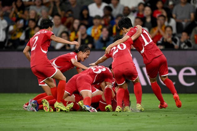 SOCCER ASIAN CUP NORTH KOREA CHINA, North Korea celebrate Kim Kyong Yong™s goal during the AFC Women™s Asian Cup Group B match between North Korea and China at CommBank Stadium in Sydney, Monday, March 9, 2026. ( NO ARCHIVING, EDITORIAL USE ONLY SYDNEY NEW SOUTH WALES AUSTRALIA  Copyright: xDEANxLEWINSx 20260309197568232572
