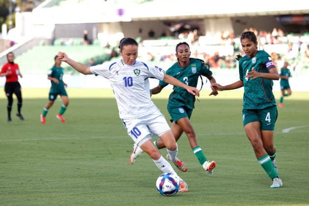 SOCCER ASIAN CUP BANGLADESH UZBEKISTAN, Diyorakhon Khabibullaeva of Uzbekistan in action during the AFC Women™s Asian Cup Group B match between Bangladesh and Uzbekistan at HBF Park in Perth, Monday, March 9, 2026.( NO ARCHIVING, EDITORIAL USE ONLY PERTH WESTERN AUSTRALIA AUSTRALIA  Copyright: xRICHARDxWAINWRIGHTx 20260309195594978013