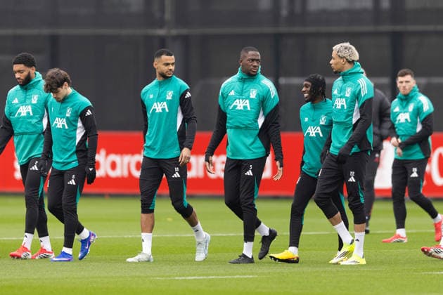 Football - UEFA Champions League - Liverpool FC v Galatasaray A.Åž. - MD-1 LIVERPOOL, ENGLAND - Monday, March 9, 2026: Liverpool s Cody Gakpo, Ibrahima KonatÃ , Jeremie Frimpong and Hugo Ekitike during a training session at the AXA Training Centre ahead of the UEFA Champions League match between Galatasaray and Liverpool FC. (Photo by Jessica Hornby Propaganda)  Copyright: xDavidxRawcliffex P2026-03-09-LFC_Training_Galatasaray-6