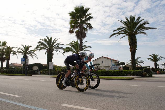 Riders during reconnaissance Stage 1, an individual time trial, of the Tirreno-Adriatico cycling race in Lido di Camaiore. The 11.5-kilometer stage starts and finishes in Lido di Camaiore- Italy - Monday, March 9, 2026. - cycling .  Copyright: xMarcoxAlpozzi LaPressex