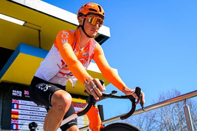 British Joshua Tarling of INEOS Grenadiers pictured at the start of the second stage of 84th edition of the Paris-Nice cycling race, 187 km from Epone to Montargis, Monday 09 March 2026. DAVIDxPINTENS  x166946678x