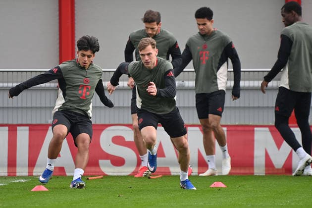 from left Maycon CARDOZO Bayern Muenchen ,Joshua KIMMICH Bayern Muenchen , hi Leon GORETZKA Bayern Muenchen , Luis DIAZ Bayern Muenchen ,Nicolas JACKSON Bayern Muenchen action final training on 09 03 2026 Soccer Champions League,season 2025 26, round of 16 Atalanta Bergamo FC Bayern Muenchen on 10 03 2026