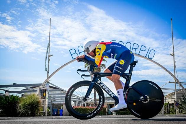 Belgian Edward Theuns of Lidl-Trek pictured in action during the first stage of the Tirreno-Adriatico cycling race, a 11,5km individual time trial in Lido di Camaiore, Italy, Monday 09 March 2026. DIRKxWAEM  x166948079x