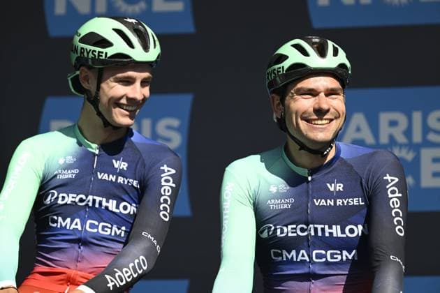 Paris Nice 2026 Stage 2 MONTARGIS, FRANCE - MARCH 09 : Bissegger Stefan (SUI) of Decathlon CMA CGM Team and Prodhomme Nicolas (FRA) of Decathlon CMA CGM Team on stage before the start of the race during stage 2 of the 84th edition of Paris - Nice an UCI World Tour 2.UWT cycling road race stage for Men Elite of 187 km with start in Epone and finish in Montargis on March 9, 2026 in Montargis, France, 09 03 2026 ( Motordriver Guy De Vuyst - Montargis France  Copyright: xNicoxVereeckenx