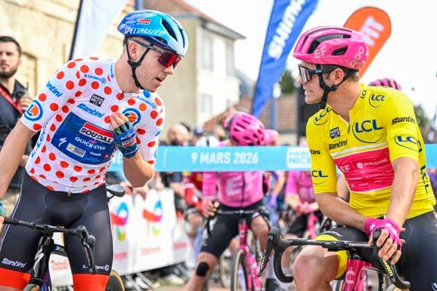 Paris Nice 2026 Stage 2 MONTARGIS, FRANCE - MARCH 09 : Lamperti Luke (USA) of EF Education EasyPost and Pedersen Casper (DEN) of Soudal Quick Step before the start of the race during stage 2 of the 84th edition of Paris - Nice an UCI World Tour 2.UWT cycling road race stage for Men Elite of 187 km with start in Epone and finish in Montargis on March 9, 2026 in Montargis, France, 09 03 2026 ( Motordriver Guy De Vuyst - Montargis France  Copyright: xNicoxVereeckenx