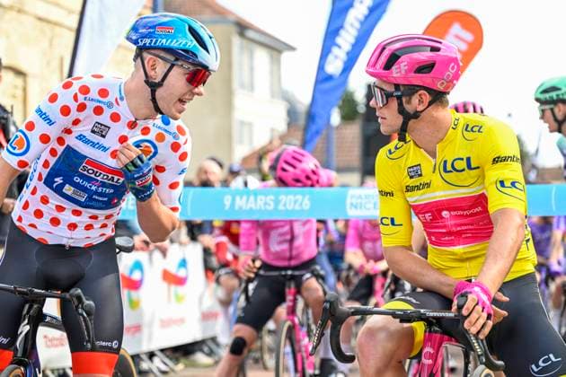 Paris Nice 2026 Stage 2 MONTARGIS, FRANCE - MARCH 09 : Lamperti Luke (USA) of EF Education EasyPost and Pedersen Casper (DEN) of Soudal Quick Step before the start of the race during stage 2 of the 84th edition of Paris - Nice an UCI World Tour 2.UWT cycling road race stage for Men Elite of 187 km with start in Epone and finish in Montargis on March 9, 2026 in Montargis, France, 09 03 2026 ( Motordriver Guy De Vuyst - Montargis France  Copyright: xNicoxVereeckenx