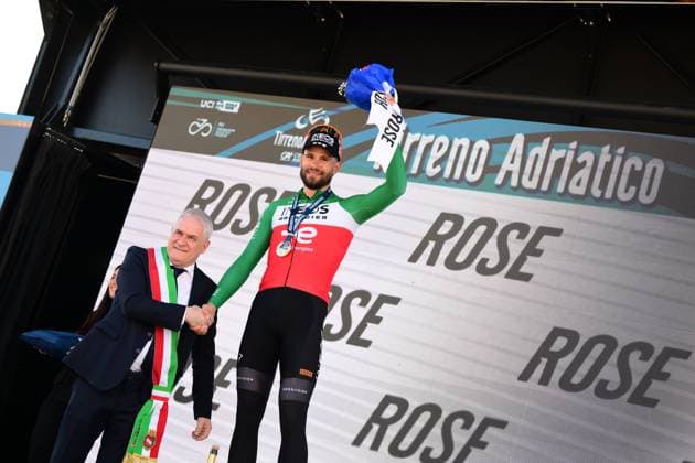 March 9, 2026, Camaiore, Lucca, Italy: Lido di Camaiore, Stage 1 of the Tirreno Adriatico individual time trial along the seaside promenades of Camaiore. Pictured is Filippo Ganna, stage winner, with Camaiore Mayor Marcello Pierucci. 9th March 2026 Tirreno Adriatico 2026, Individual Time Trial  - ZUMAa289 20260309_zia_a289_121 Copyright: xStefanoxDallexLuchex