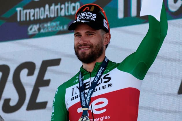 March 9, 2026, Lido Di Camaiore: Lido di Camaiore. Filippo Ganna of the INEOS Grenadiers team celebrates on the podium after winning the first stage, an 11.5 km individual time trial from Lido di Camaiore to Lido di Camaiore, of the 61st edition of the Tirreno-Adriatico, 09 March 2026. ROBERTO BETTINI ANSA Ciclismo: Tirreno-Adriatico, Ganna Vince La Cronometro  - ZUMAa110 20260309_zaf_a110_006 Copyright: xRobertoxBettinix
