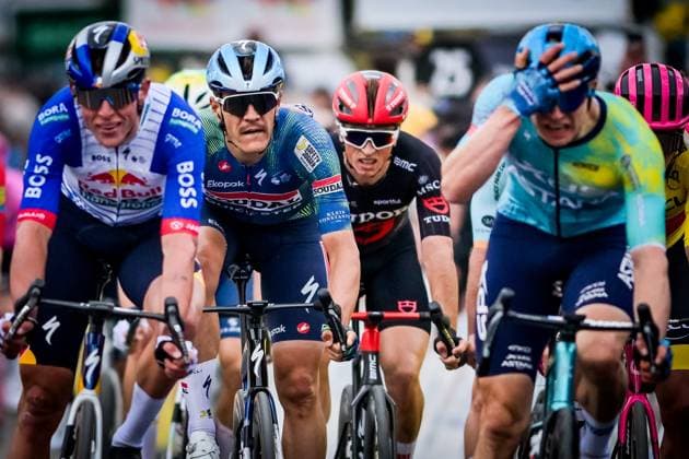 New Zealander Laurence Pithie of Red Bull-BORA-hansgrohe, Belgian Jasper Stuyven of Soudal Quick-Step and German Max Kanter of XDS Astana Team sprint to the finish of the second stage of 84th edition of the Paris-Nice cycling race, 187 km from Epone to Montargis, Monday 09 March 2026. DAVIDxPINTENS  x166990309x